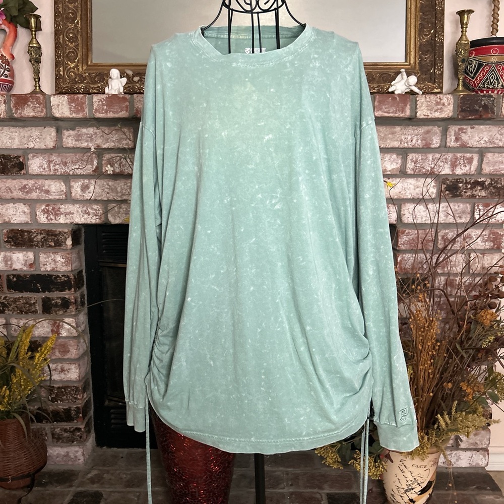 Pink Women’s Mint Green Long Sleeve Top Ruched Side Drawstring